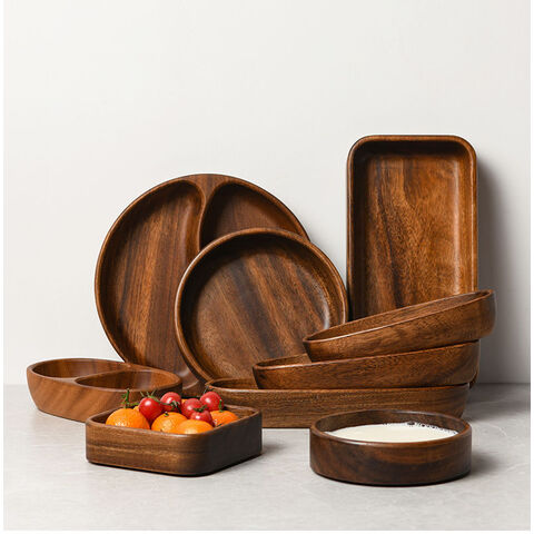Assiette Ronde en Bois Massif, Plats de Fruits en Bois d'Acacia Entier, Soucoupe en Bois, Plateau de Thé, Dessert, Dîner, Assiette de Petit Déjeuner, Ensemble de Vaisselle for sale at factory direct price