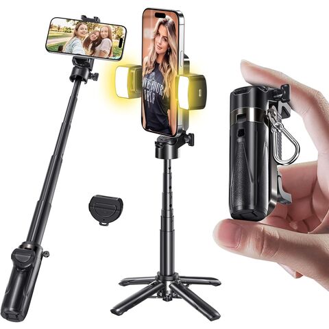 Old Shark Selfie Stick im Taschenformat, Telefon-Stativ mit kabelloser, abnehmbarer Fernbedienung & 2 Fülllichtern für Fotos - B2B Angebot