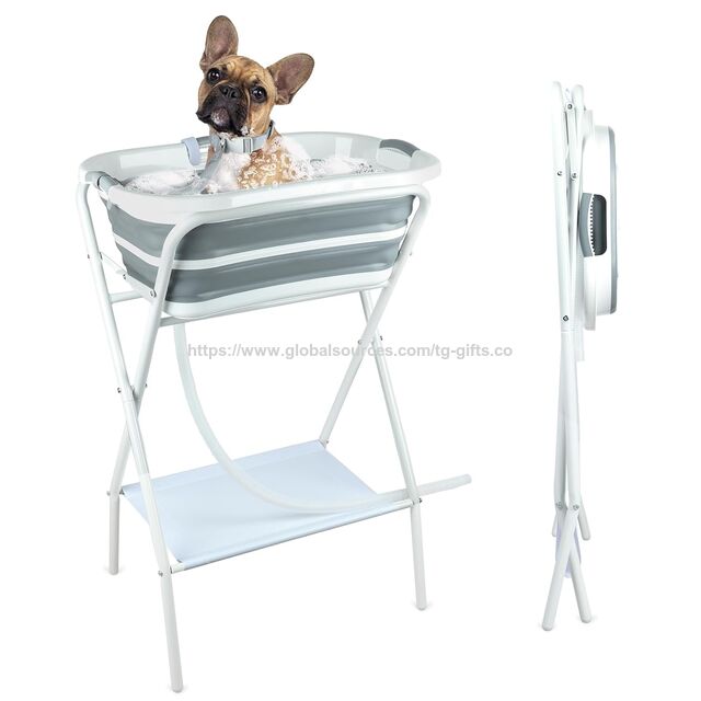 Baignoire Portable 2 en 1 pour Chien, Station de Lavage Pliable et Surélevée avec Trou de Drainage, Baignoire de Douche et de Toilettage pour Animaux de Compagnie