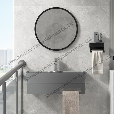 Conjunto de móveis de casa de banho modernos de tamanho grande personalizado, lavatório de cerâmica, toucador de casa de banho montado na parede, cinza chumbo com espelho