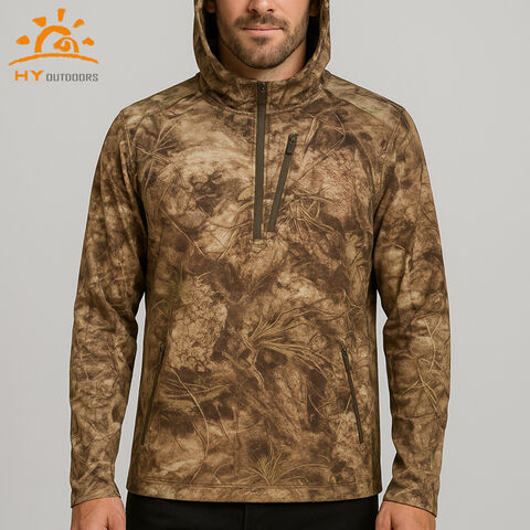 Sudadera con Capucha de Caza para Hombre, Lana Merino, Capa Base de Camuflaje, Mezcla Sintética Resistente al Viento, Corte Atlético para Deportes al Aire Libre en Clima Frío