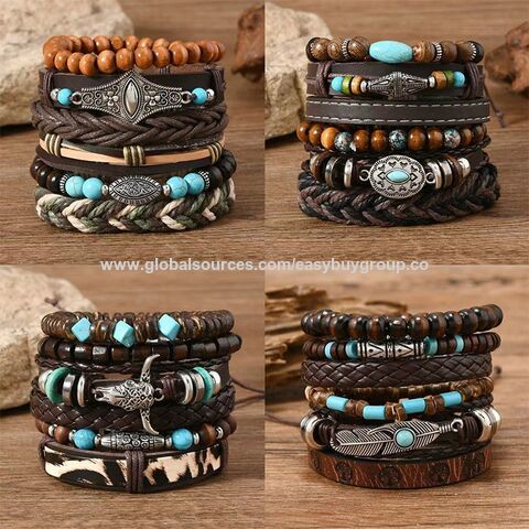 Bracelets en bois Nouveau produit : Perles en bois de style rétro, motifs floraux rétro, tête de bœuf, yeux et plumes multicouches for sale at factory direct price