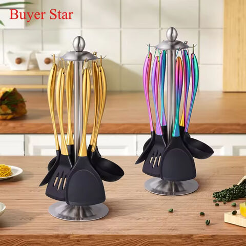 Buyer Star Hochwertiges 6-teiliges Küchenhelfer-Set aus Silikon mit Edelstahlgriff und Halter - Professionelle Küchenwerkzeuge