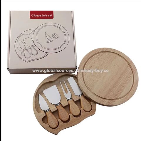 Set de 4 Cuchillos para Queso de Acero Inoxidable con Pala, Vajilla en Caja de Regalo de Madera de Caucho para Cortar Queso