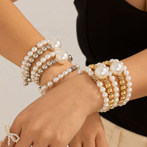 SISSLIA Übertriebenes Damen-Perlenarmband-Set, kreatives Temperament, große runde Perlen, Micro-Set-Armband