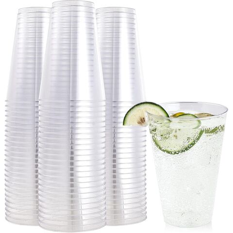 FOCUSLINE 100Pk 14oz vasos de plástico transparente, desechables/grandes vasos reutilizables, resistente 14oz para fiesta de bodas, acción de gracias, salón
