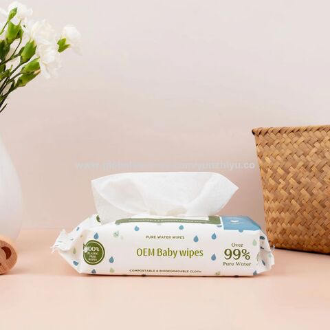 OEM 99% agua pura biodegradable 100% fibra de bambú desechables toallitas de agua para bebés con aloe infundido