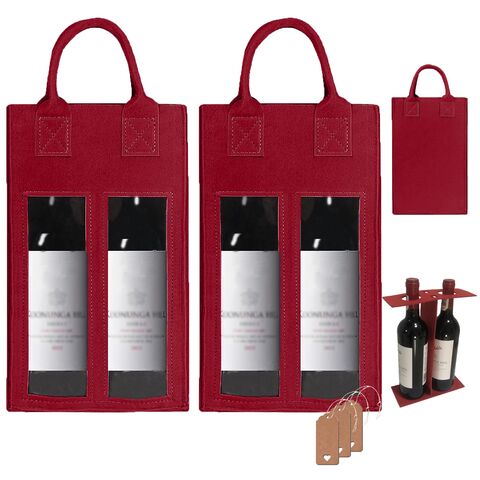 Saco de feltro reutilizável para duas garrafas de vinho com janela - Ideal para presente