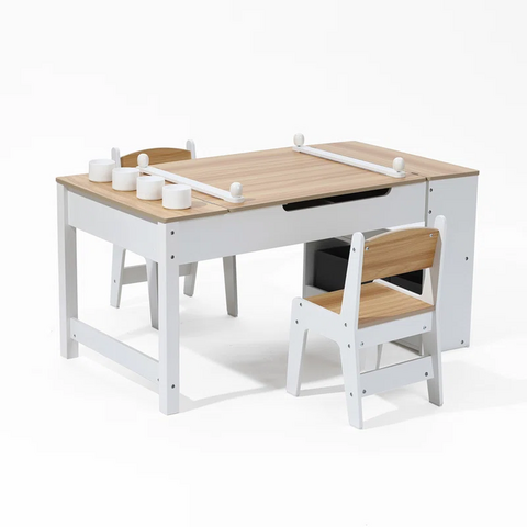 Ensemble Table et Chaises d'Étude en Bois pour Enfants avec Bibliothèque de Rangement et Ensemble de 2 Chaises pour Tout-Petits, Mobilier de Salle de Jeux Scolaire