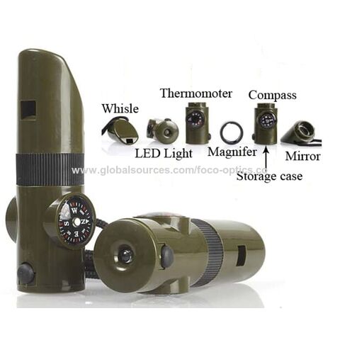 7-in-1 Multifunktionskompass mit Thermometer, LED-Licht, Spiegel, Aufbewahrungsbox, Lupe und Pfeife. Kompakte Größe, leicht zu transportieren. Ideal für Outdoor-Aktivitäten und Notfälle. for sale at factory direct price