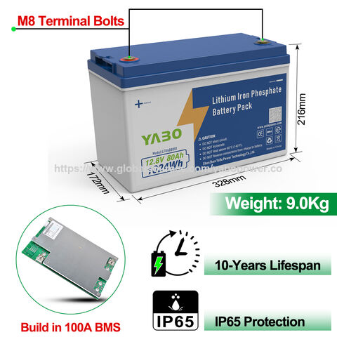Bateria YABO 12V 80Ah LiFePO4 Recarregável de Ciclo Profundo para Sistema Solar, Backup Fora da Rede, RV, Uso Marítimo e Camping