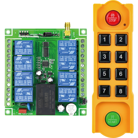 Kit de control remoto RF de 8 canales con salto de frecuencia FSK, aprendizaje, protección y universal para modos momentáneo, conmutado y enclavado.