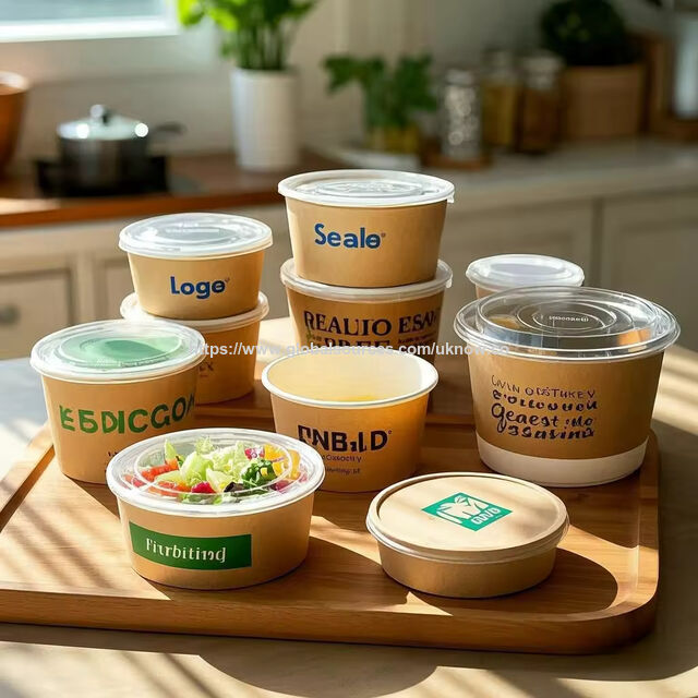 Bowls y tapas desechables biodegradables de papel kraft, capacidad de 500ml/750ml/900ml/1000ml/1100ml para snacks, ensaladas, cajas de comida para llevar. for sale at factory direct price