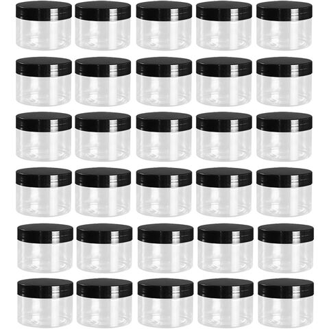 Paquete de 30 tarros de plástico transparente de 120 ml con tapas negras a prueba de fugas, recipientes redondos de almacenamiento de alimentos seguros para uso en cocina y productos de belleza. for sale at factory direct price