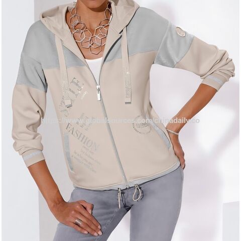 Sudadera con Capucha y Cremallera de Manga Larga para Mujer al por Mayor / Modal TENCEL / Bloque de Color / Estampado de Lámina y Diseño de Pedrería de Cristal / OEM/ODM Personalizado