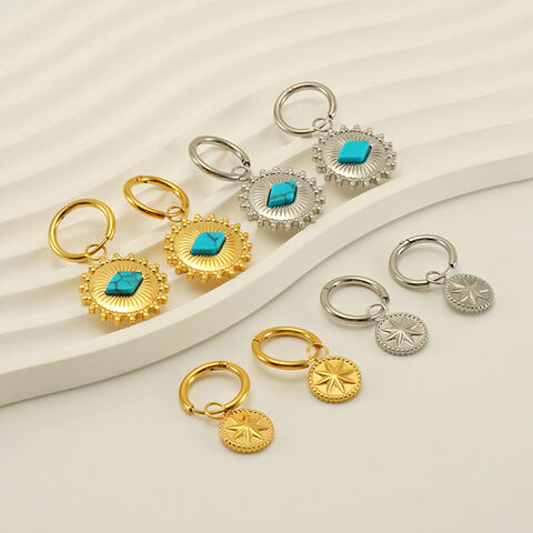 Boucles d'oreilles pendantes en acier inoxydable plaqué or 18 carats avec pierre turquoise et pendentif soleil pour femmes en gros avec faible MOQ Personnalisation OEM/ODM for sale at factory direct price