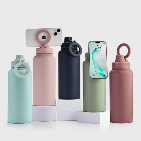 Garrafa de água de aço inoxidável isolada a vácuo de parede dupla personalizada de 1L 32oz com suporte magnético Magsafe para telefone for sale at factory direct price