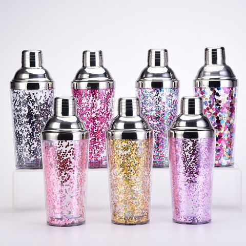 Nuevos Utensilios de Bar al Por Mayor con Color Personalizado, Vaso Azul Brillante Dorado con Brillantina, Coctelera de Doble Pared, Botella de Plástico para Coctelería for sale at factory direct price