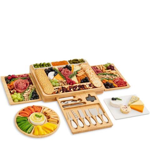 Tabla de Quesos de Bambú Personalizable para Servir, Cortar y Picar con Juego de Cuchillos para Cocina, Hogar, Bodas y Fiestas