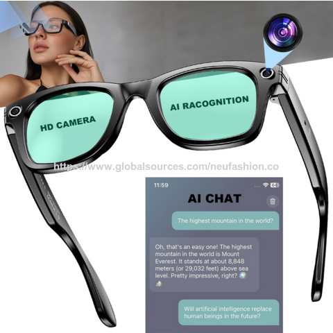 Intelligente KI-Brille mit Übersetzung, 1080P HD-Kamera, IP65, Bluetooth 5.0, Freisprechanrufe, Lokale Musik, Dual-Button-Steuerung