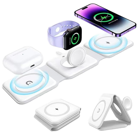 Estación de Carga Inalámbrica Magnética Plegable 3 en 1 de Venta Caliente para Carga Rápida de Teléfonos Móviles, Soporte de Cargador de Escritorio for sale at factory direct price