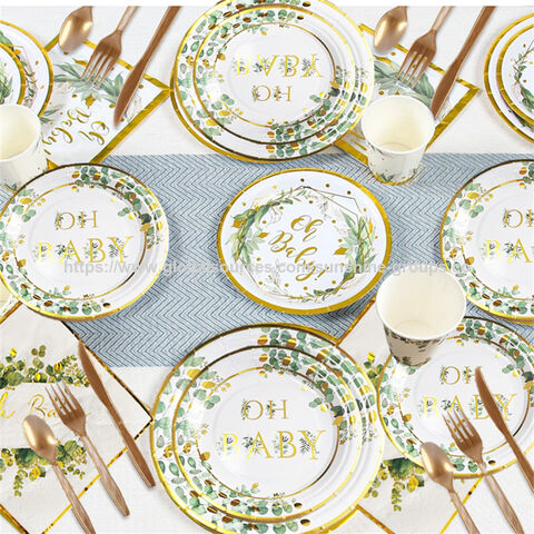 Vajilla desechable Golden Green Leaf BABY, pulpa de madera original, decoraciones para fiestas familiares y cumpleaños, crea ambiente for sale at factory direct price