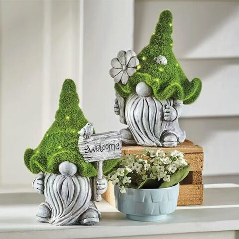 Estatua de Jardín de Gnomo Flocado de Resina de Fábrica BSCI con Letrero de Bienvenida, Adorno de Figurilla de Gnomo de Bienvenida para Exteriores for sale at factory direct price