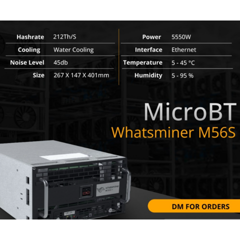 Hydro Cooling 212TH/s Whatsminer M56S Factory Direct for Mining Farms for sale at factory direct price