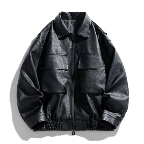 Casaco casual masculino de couro PU personalizado com gola de aba e bolsos grandes - Ideal para atacadistas