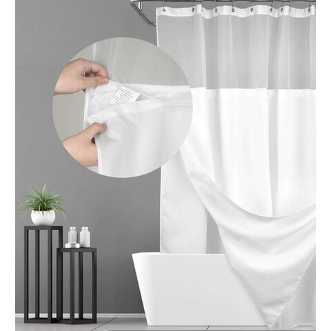 Ensemble Rideau de Douche Tissu Gaufré avec Doublure Intégrée à Boutons-Pression – Tissu Lourd Lavable avec 12 Crochets Blancs for sale at factory direct price