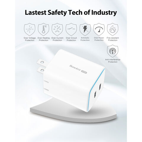 Cargador de pared rápido Huntkey SCP PD3.0 de 45W con doble puerto USB-C GaN para teléfonos móviles, con certificación UL FCC