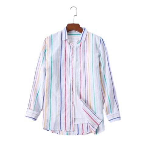 Camisa masculina de manga comprida listrada de linho de algodão respirável e folgada por atacado for sale at factory direct price