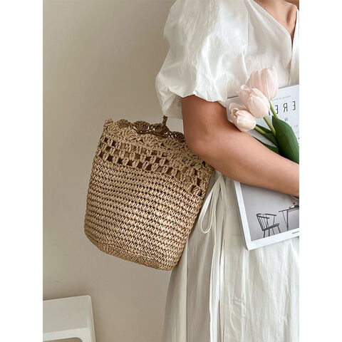 Sac Bandoulière en Raphia Français - Sac à Main en Paille Tressée avec Garniture en Dentelle, Sac de Plage Bohème pour Femmes