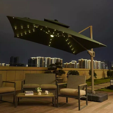 Parasol de Patio Exterior de Doble Capa con Estructura de Aluminio, Un Cabezal, Luces LED y Manivela - Sombrilla Profesional para Exterior for sale at factory direct price