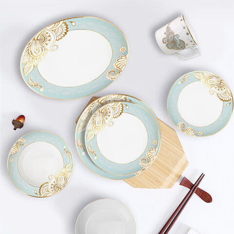 Vajilla de Porcelana China con Borde Dorado: Platos Llanos, Hondos, de Postre y Bajo Platos con Filo de Oro