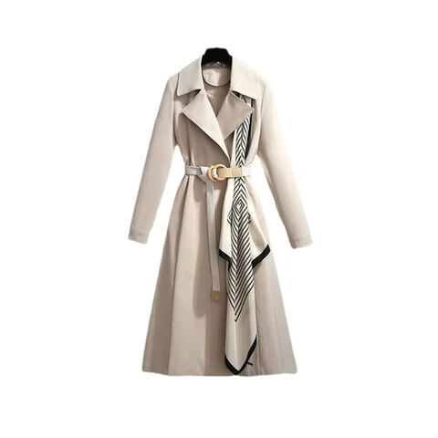 Nouveau manteau long et fin à revers de style britannique pour femmes, printemps, avec ceinture et écharpes, élégant et tendance pour femmes de bureau, coupe-vent décontracté