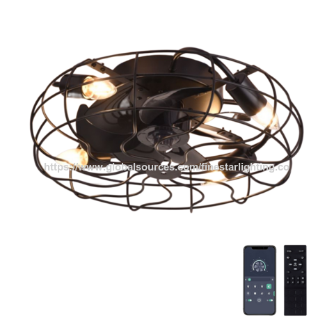 Ventilador de teto industrial em ferro forjado com luzes CCT, Smart Home, lâmpadas E27 E16, luminária de ventilador de estilo moderno de 50 cm com controle por APP