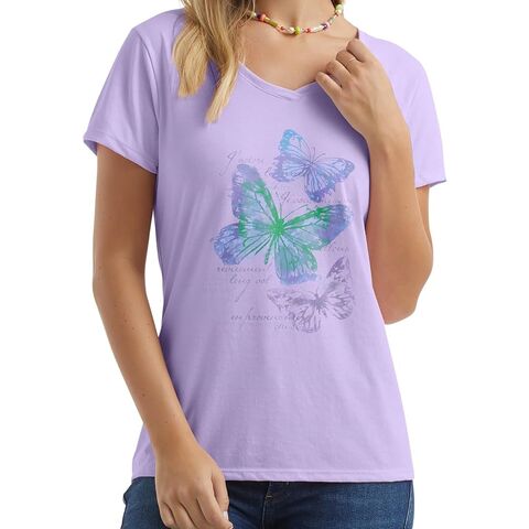 Neu eingetroffen: Damen T-Shirt aus 100 % Baumwolle, Kurzarm, V-Ausschnitt, überschnittene Schulter, Nackenband, bedruckt, komfortabel, aus Bangladesch. for sale at factory direct price