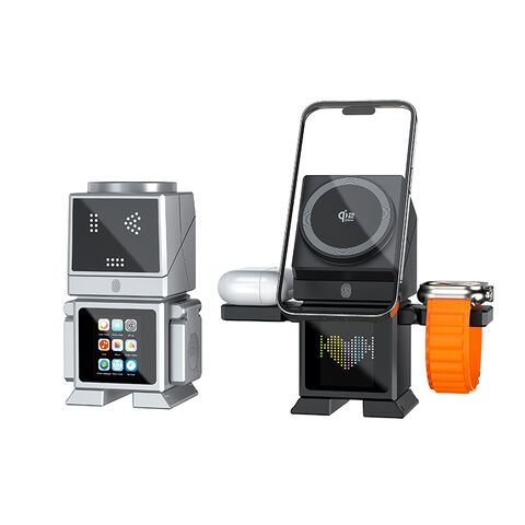 Qi2.2 25W Pengisi Daya Nirkabel Magnetik Cepat Robotik Kedatangan Baru dengan Layar Sentuh LCD Pintar, Foto dengan Speaker untuk iPhone, iWatch, Earbud