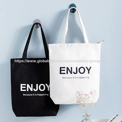 Sac en toile - tissu de coton noir - motif imprimé blanc - sac de courses avec poignée réglable blanche