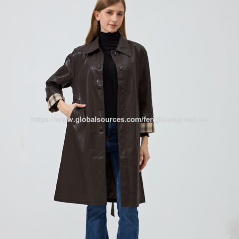 Veste Longue Décontractée en Cuir de Serpent Véritable pour Femmes, Trench-coat Marron avec Doublure en Soie en Gros