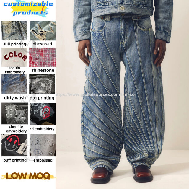 Fabricantes de roupas personalizadas Sunfaded Streetwear 100% algodão Baggy Balloon Costura Diagonal Azul Vintage Jeans de ganga masculino for sale at factory direct price