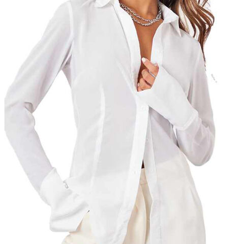 Blusa Elegante de Manga Larga para Oficina de Señora - Camisa Entallada de Chifón Blanco con Botones para Mujer de Alta Calidad