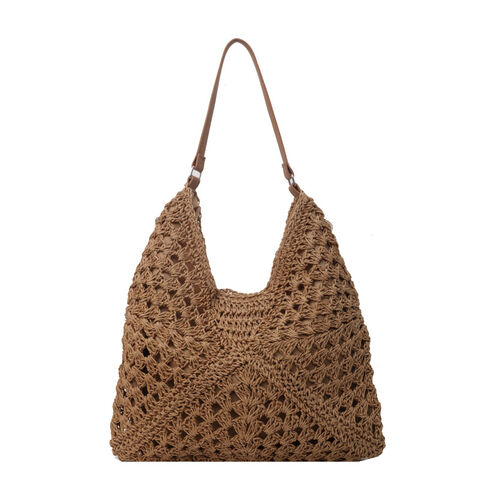 Sac fourre-tout en paille tissée pour femmes - Nouveau sac de plage ajouré pour les vacances, sac à bandoulière bohème au style polyvalent