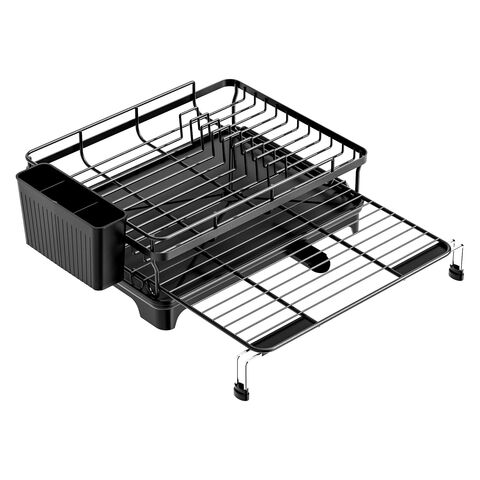 Égouttoir à Vaisselle Métallique Extensible avec Porte-Ustensiles, Accessoire de Cuisine Vertical avec Plateau d'Égouttement et Porte-Couverts