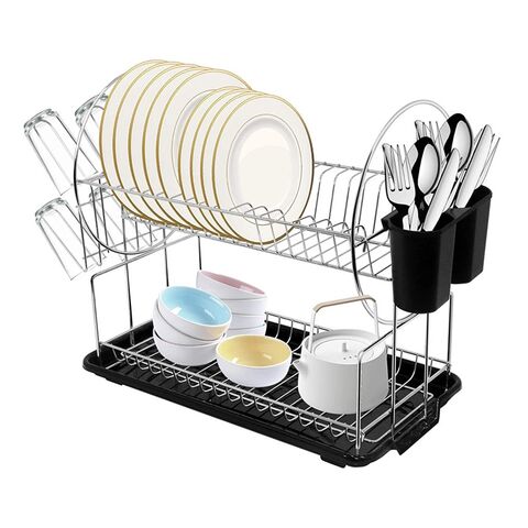 BX Metal Égouttoir à Vaisselle à 2 Niveaux pour Ustensiles de Cuisine, Égouttoir à Placer au-Dessus de l'Évier, Étagère pour Assiettes et Bols, Égouttoir Noir