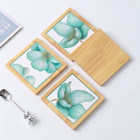 Posavasos de Cerámica Absorbente Cuadrado con Soporte de Madera - Regalo Cálido para Tazas de Café for sale at factory direct price