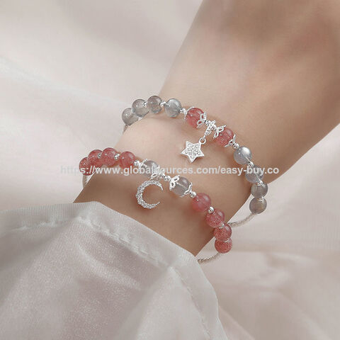 Pulseira de Prata 925 com Pedra da Lua e Cristal de Morango para Mulheres - Pulseira Simples Personalizada Rosa