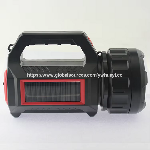 Linterna de mano multifuncional portátil con carga solar y USB, banco de energía, luz de búsqueda y luz de advertencia roja, totalmente de plástico