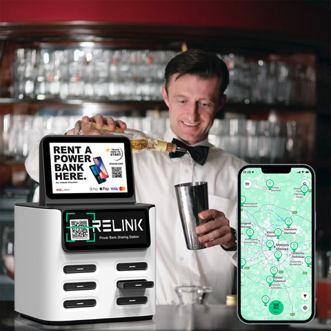 Relink Estación de Alquiler de Power Banks de 6 Ranuras con App - Kiosco de Carga de Móviles Compartido para Restaurantes